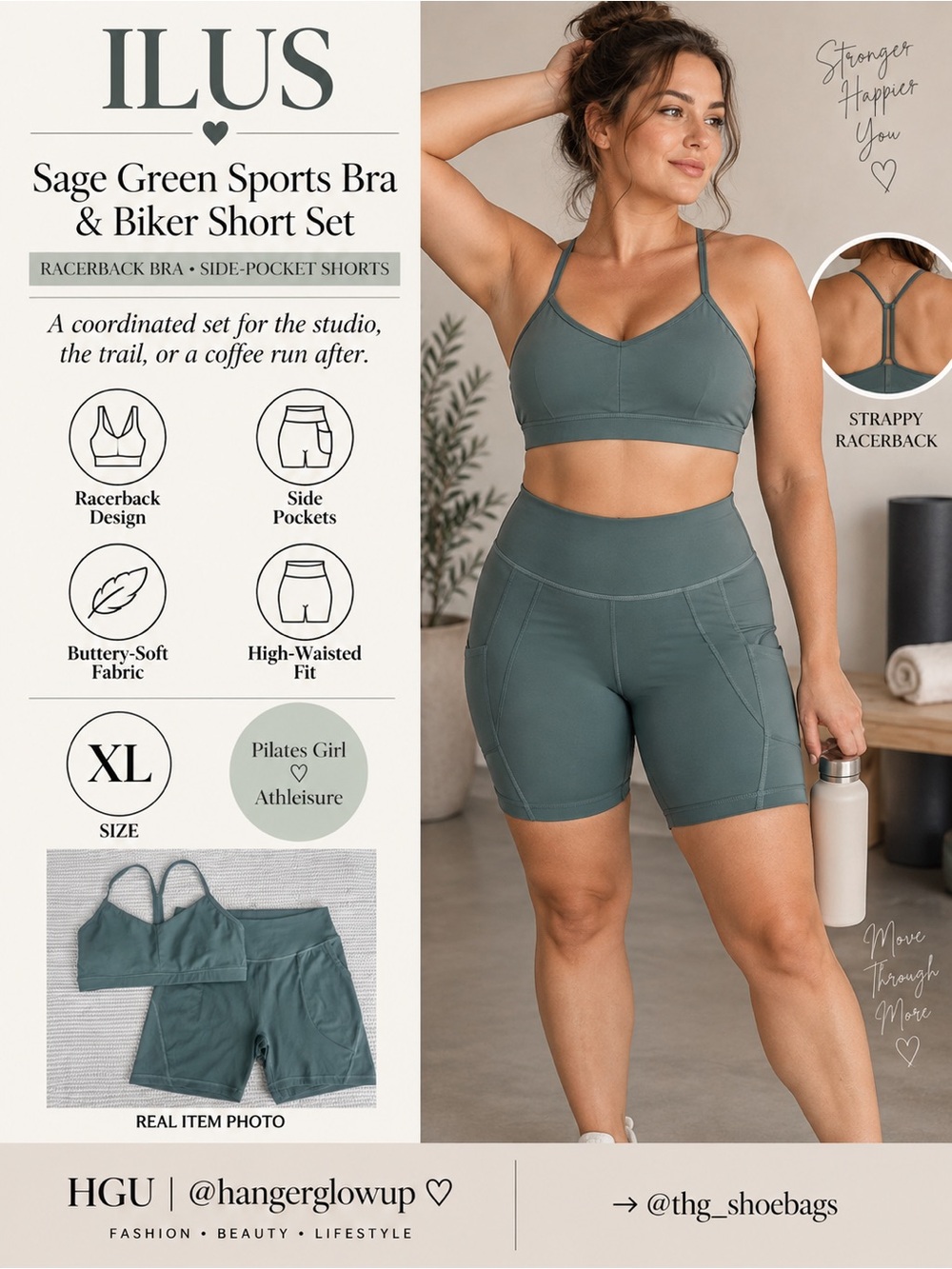 ILUS Sage Green Sports Bra & Pocket Biker Shorts Set XL